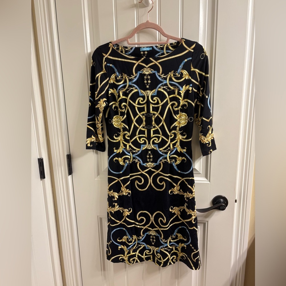 J. McLaughlin Sofia 3/4 Sleeve Dress Catalina Cloth Black Gold Baroque Print S
